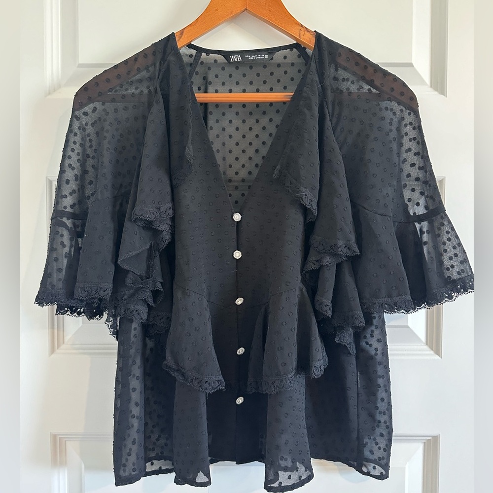 Zara V-neck Sheer Lace Button Down